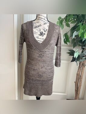 BCX Y2K Open Knit Crochet V-Neck Sweater Marled Brown Sz L